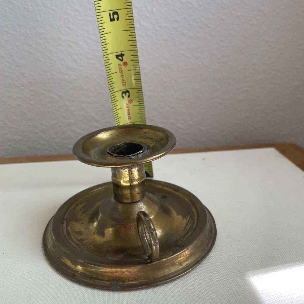 Antique Brass‎ Chamberstick Finger Candleholder Ring Handle Drip Tray Patina 4